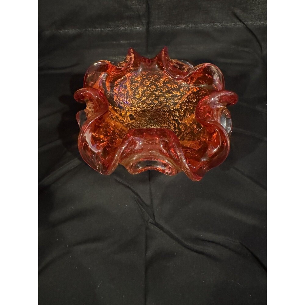 Vintage Barovier & Toso Murano Red Art Glass Bowl with Silver Aventurine Leaf